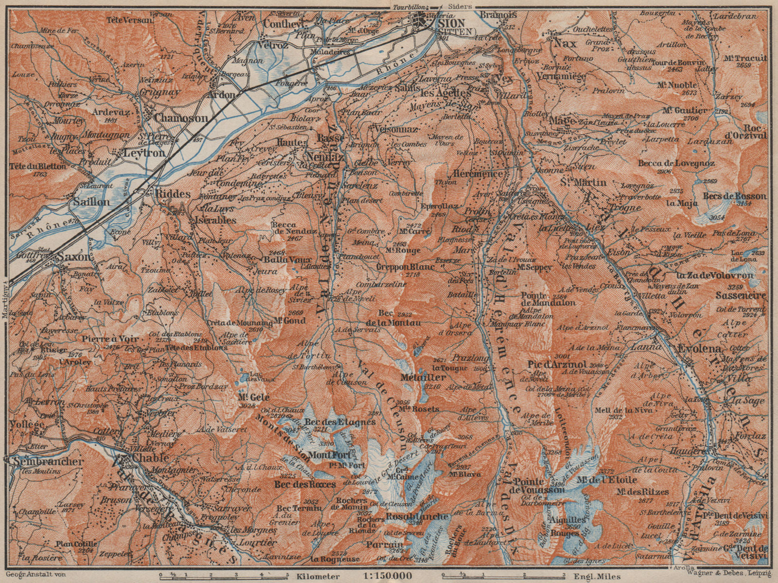 Area south of SION. Verbier Riddes Nendaz Veysonnaz Hérens Entremont 1913 map
